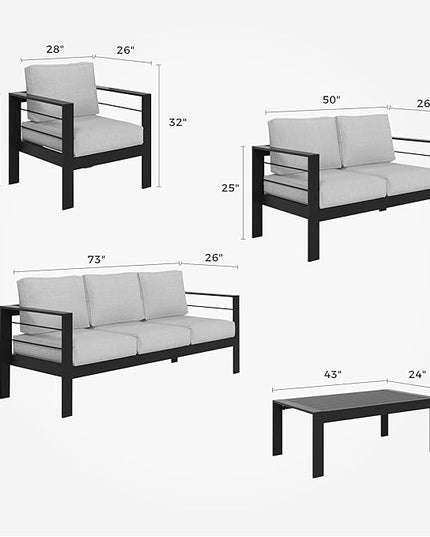 Solaste Aluminum Patio Furniture Set,5 Pieces Modern Outdoor Conversation Set Sectional Sofa with Upgrade Cushion and Coffee Table,Black Frame and Grey Cushion - LeafyLoom