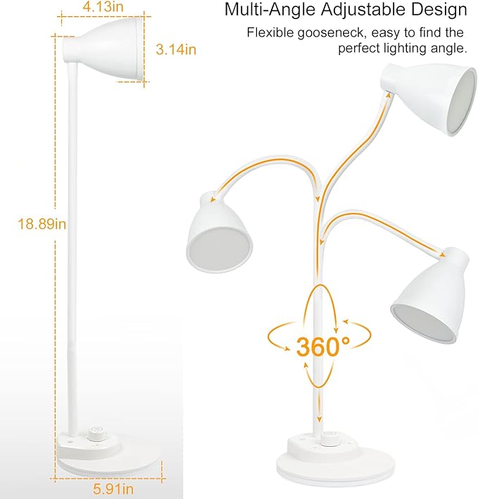 BOHON LED Desk Lamp with USB Charging Port, 3 Color Modes Dimmable Reading Lamp, Auto Dimming Task Lamp, Flexible Gooseneck Table Light for Dorm Bedside, Adapter Include, White - LeafyLoom