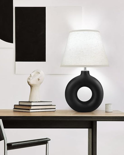 Black Ceramic Table Lamp for Living Room Bedroom, 21" Modern Bedside Lamps with 3 Color Temperature Farmhouse Rustic Table Lamps for Night Stands, Dorm, Office, Home Décor (Bulb Included) - LeafyLoom