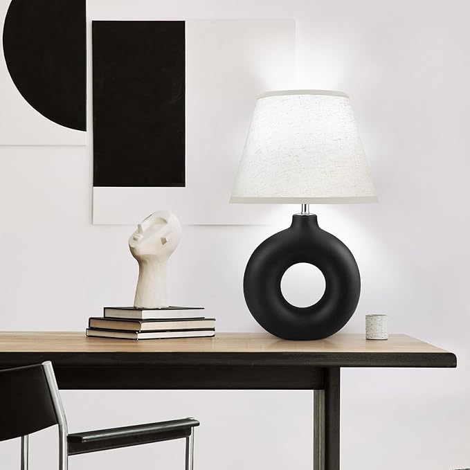 Black Ceramic Table Lamp for Living Room Bedroom, 21" Modern Bedside Lamps with 3 Color Temperature Farmhouse Rustic Table Lamps for Night Stands, Dorm, Office, Home Décor (Bulb Included) - LeafyLoom