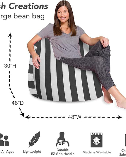 Posh Creations Bean Bag Chair for Kids, Teens, and Adults Includes Removable and Machine Washable Cover, Canvas Stripes Gray and White, 48in - X-Large - LeafyLoom