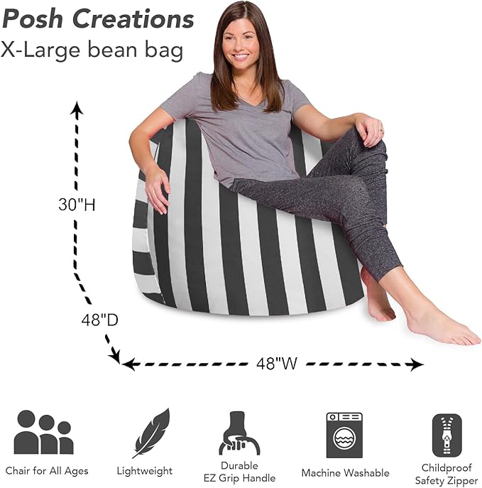Posh Creations Bean Bag Chair for Kids, Teens, and Adults Includes Removable and Machine Washable Cover, Canvas Stripes Gray and White, 48in - X-Large - LeafyLoom