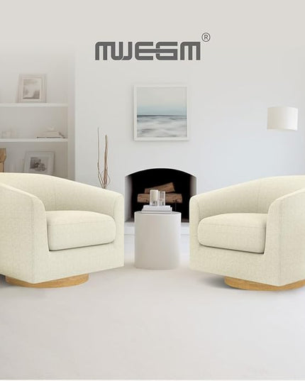 MUUEGM Accent Chair with Arms, 360 Degree Swivel Accent Chair with Wood Base, Modern Barrel Chair for Living Room, Bedroom, Waiting Room, Fully Assembled,Performance Fabric in Gesso White - LeafyLoom