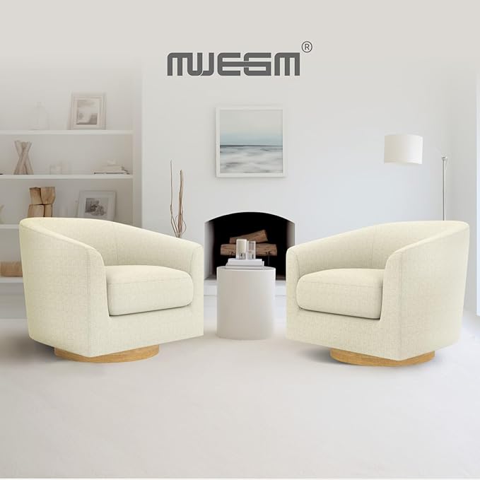 MUUEGM Accent Chair with Arms, 360 Degree Swivel Accent Chair with Wood Base, Modern Barrel Chair for Living Room, Bedroom, Waiting Room, Fully Assembled,Performance Fabric in Gesso White - LeafyLoom