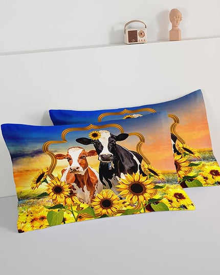HOSIMA Animal Theme Bedding Set Bull and Cow Comforter with 2 Pillowcases,Sunflower Twin Bed in a Bag Sets for Adults Teens Kids,Brown Cowhide Black White Cow Print Western Bedding Sets. - LeafyLoom
