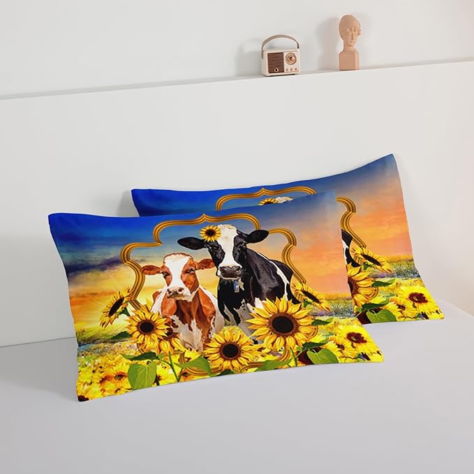 HOSIMA Animal Theme Bedding Set Bull and Cow Comforter with 2 Pillowcases,Sunflower Twin Bed in a Bag Sets for Adults Teens Kids,Brown Cowhide Black White Cow Print Western Bedding Sets. - LeafyLoom