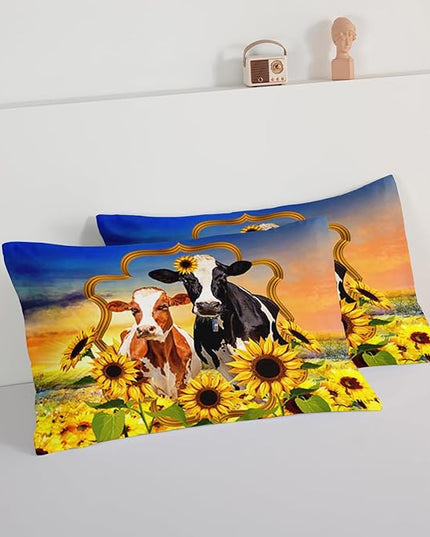 HOSIMA Animal Theme Bedding Set Bull and Cow Comforter with 2 Pillowcases,Sunflower Comforter Set for Adults Teens Kids,Brown Cowhide Black White Cow Print Western Bedding Sets Queen. - LeafyLoom