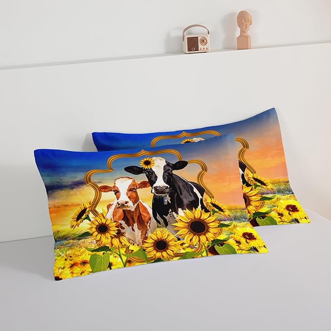 HOSIMA Animal Theme Bedding Set Bull and Cow Comforter with 2 Pillowcases,Sunflower Comforter Set for Adults Teens Kids,Brown Cowhide Black White Cow Print Western Bedding Sets Queen. - LeafyLoom
