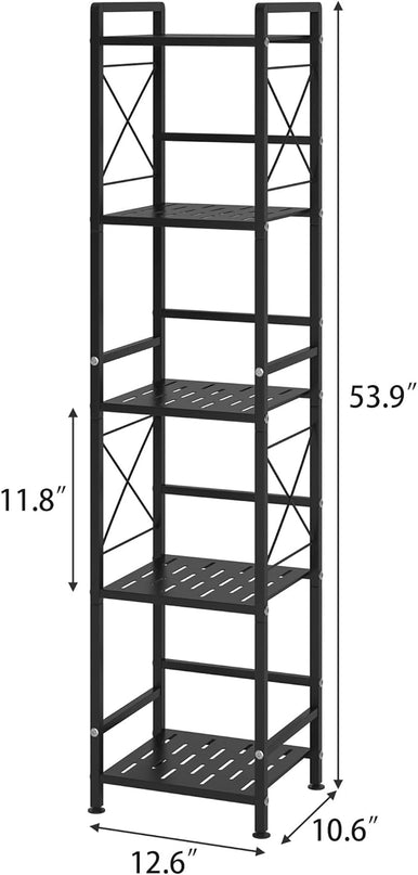 JSB 5 Tier Metal Bookshelf Bathroom Storage Standing Shelf Unit Kitchen Storage Organizer Display Rack Bookcases Shelves for Living Room, Bedroom, Office (Black, 5 Tier) - LeafyLoom