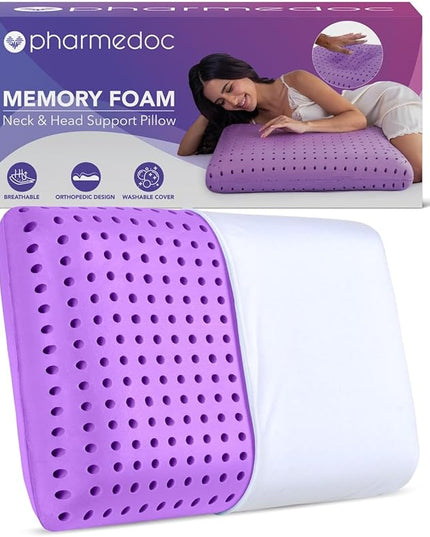 Pharmedoc Cooling Memory Foam Bed Rest Pillows, 1 Pack, Ventilated Lilac Dreamer, Reading, Standard, Back and Side Sleeper Support, Sleeping Pillows for Adults - LeafyLoom