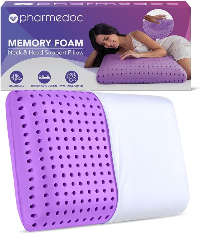 Pharmedoc Cooling Memory Foam Bed Rest Pillows, 1 Pack, Ventilated Lilac Dreamer, Reading, Standard, Back and Side Sleeper Support, Sleeping Pillows for Adults - LeafyLoom