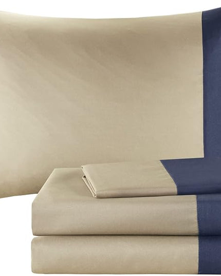 Intelligent Design Robbie Cozy Comforter Set Bed in A Bag, Modern Casual All Season Bedding Set, Matching Sham, Decorative Pillow, Navy/Tan, Full, 9 Piece - LeafyLoom