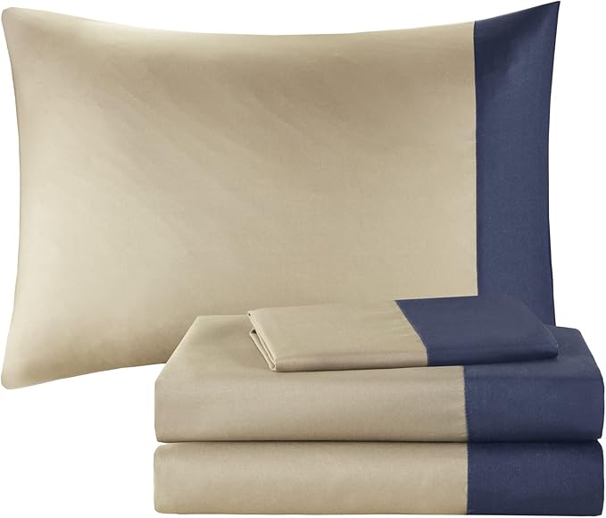 Intelligent Design Robbie Cozy Comforter Set Bed in A Bag, Modern Casual All Season Bedding Set, Matching Sham, Decorative Pillow, Navy/Tan, Twin, 7 Piece - LeafyLoom