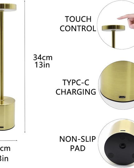 2 Pack Cordless Table Lamp Rechargeable 5000mAh Battery Operated Portable LED Desk Lamp 3 Color Temperature Stepless Dimming for Bedroom Restaurant Coffee Shop Party (Gold) - LeafyLoom