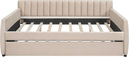 Full Size Velvet Upholstered Daybed with Trundle, Solid Wood Bed w/Vertical Stripes Designed Backrest and Pine Legs, for Living Room, Bedroom, Dorm, No Box Spring Needed - LeafyLoom