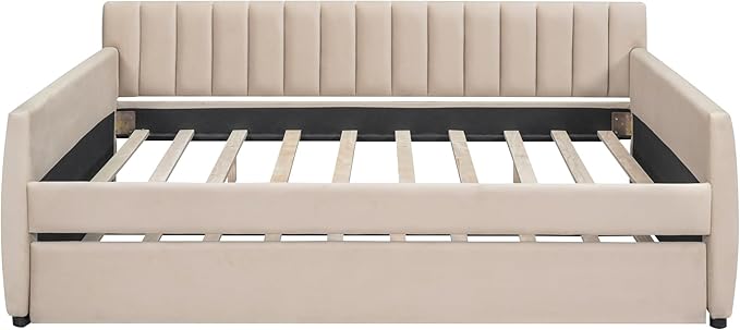 Full Size Velvet Upholstered Daybed with Trundle, Solid Wood Bed w/Vertical Stripes Designed Backrest and Pine Legs, for Living Room, Bedroom, Dorm, No Box Spring Needed - LeafyLoom
