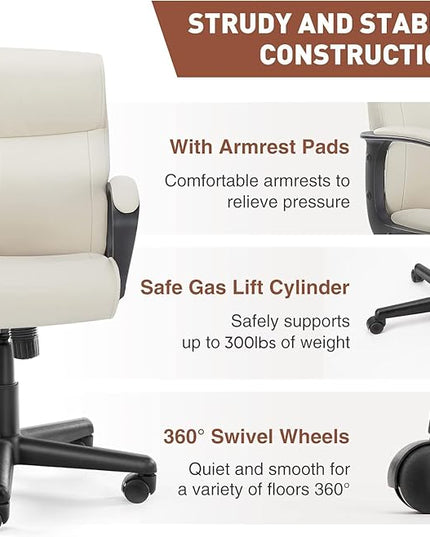 OLIXIS Home Office Mid-Back Computer Desk Chair with Armrests Height Adjustable, 360-Degree Swivel, Lumbar Support, PU Leather, Ivory - LeafyLoom