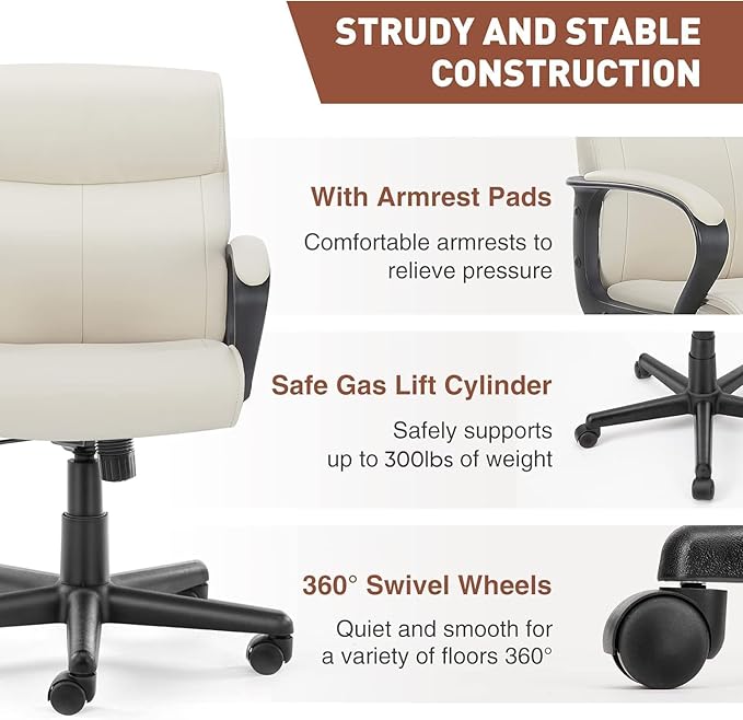 OLIXIS Home Office Mid-Back Computer Desk Chair with Armrests Height Adjustable, 360-Degree Swivel, Lumbar Support, PU Leather, Ivory - LeafyLoom