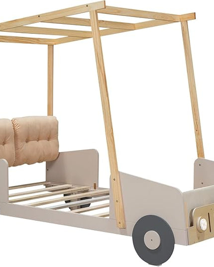 Twin Size Car Pillow, Ceiling Cloth and LED, Wood Kids Platform Bed for Boys Girls Teens Bedroom, Natural Color - LeafyLoom