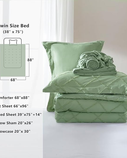 Boho Sage Green Comforter Set with Jacquard Tufted Design,Shabby Chic Bedding Sets for All Seasons,5 Pieces Twin Dorm Bed in a Bag Comforter,Flat Sheet,Fitted Sheet,Pillowcases & Shams - LeafyLoom