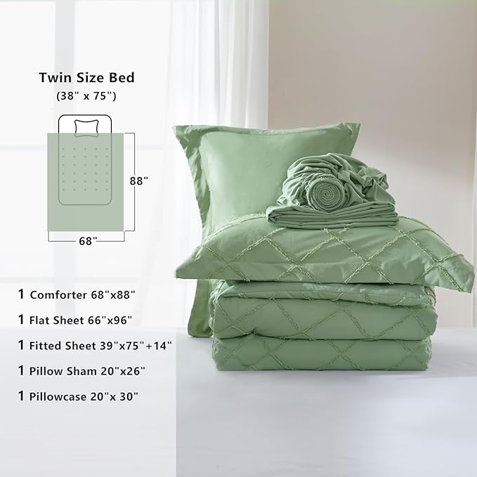 Boho Sage Green Comforter Set with Jacquard Tufted Design,Shabby Chic Bedding Sets for All Seasons,5 Pieces Twin Dorm Bed in a Bag Comforter,Flat Sheet,Fitted Sheet,Pillowcases & Shams - LeafyLoom