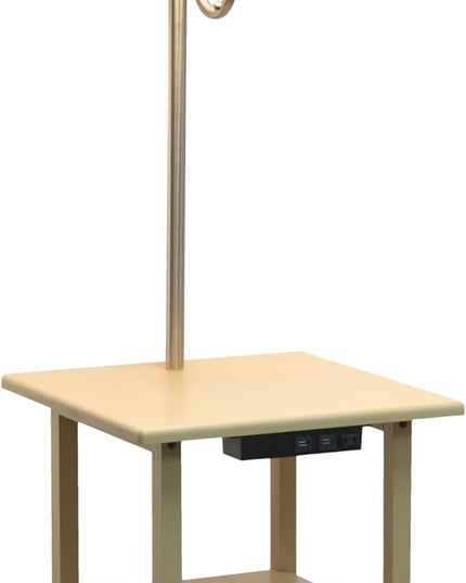 Simple Designs LF2016-TAN 57" Modern 2 Tier End Table Floor Lamp Combination with 2 x USB Charging Ports & Power Outlet with White Drum Fabric Shade for Bedroom, Living Room, Office, Tan - LeafyLoom