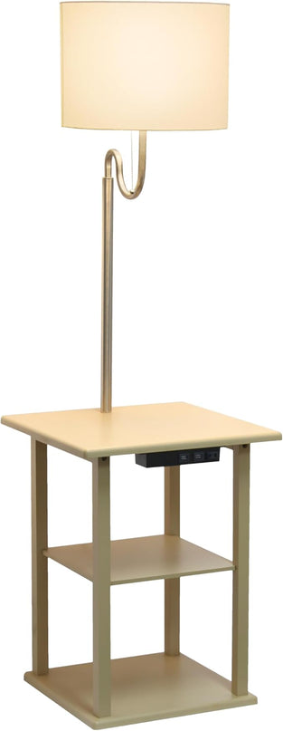 Simple Designs LF2016-TAN 57" Modern 2 Tier End Table Floor Lamp Combination with 2 x USB Charging Ports & Power Outlet with White Drum Fabric Shade for Bedroom, Living Room, Office, Tan - LeafyLoom
