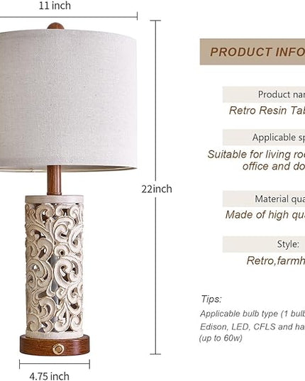 OYEARS 3-Way Dimmable 22'' USB A+C Touch Control Table Lamp with Nightlight for Living Room Bedroom Farmhouse Bedside Nightstand Lamps (Brown Bulb Included - LeafyLoom