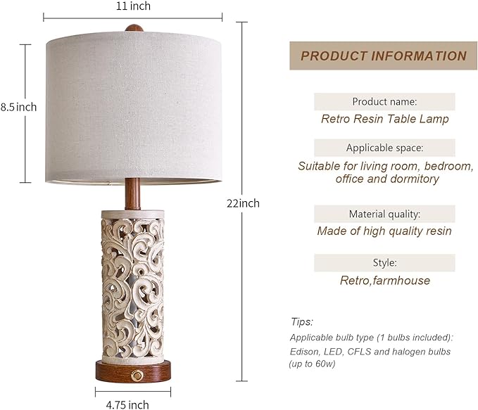 OYEARS 3-Way Dimmable 22'' USB A+C Touch Control Table Lamp with Nightlight for Living Room Bedroom Farmhouse Bedside Nightstand Lamps (Brown Bulb Included - LeafyLoom
