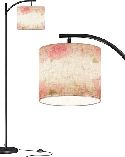 Modern Arc Floor Lamp with Dimmer Mid Century Roses Peonies Garden Flower Hand Drawing Pastel Realistic Floral Metal Standing Lamp with Linen Shade Footswitch for Living Room Bedroom Office - LeafyLoom