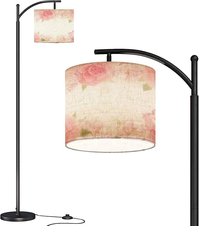 Modern Arc Floor Lamp with Dimmer Mid Century Roses Peonies Garden Flower Hand Drawing Pastel Realistic Floral Metal Standing Lamp with Linen Shade Footswitch for Living Room Bedroom Office - LeafyLoom
