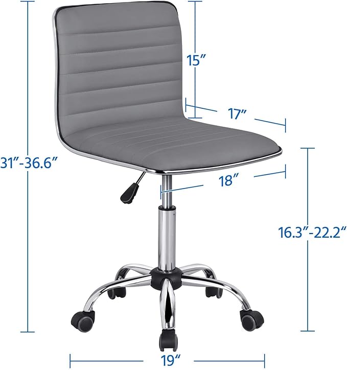 Yaheetech PU Leather Office Chair Task Chair, Ribbed Armless Desk Chair, Adjustable Low Back Executive Chair with Wheels Grey - LeafyLoom
