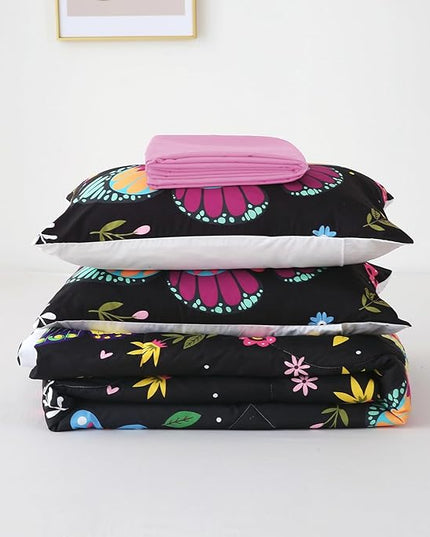 Kids Butterfly Comforter Set Full Size for Girls Colorful Flowers Leaves Bedding Set for Teens Black 7 Piece Bed in A Bag Super Soft All Season - LeafyLoom