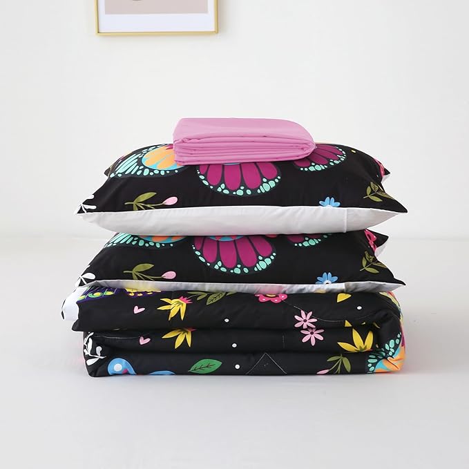 Girls Butterfly Comforter Set Twin Size Colorful Flowers Leaves Bedding Set for Kids Teens Black 7 Piece Bed in A Bag Super Soft All Season - LeafyLoom