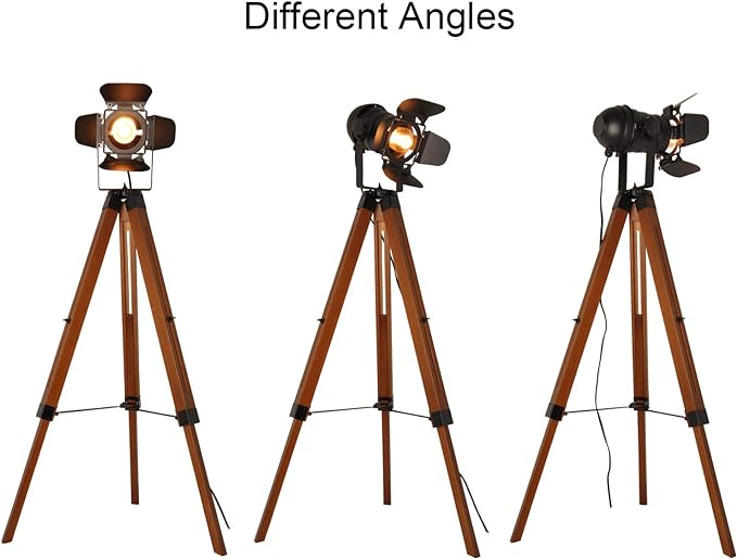 Decoluce Vintage Tripod Floor Lamp, Height Adjustable Wooden Camera Tripod Rotatable Spotlight Tall Standing Light, Nostalgic Cinema lamps for Living Room, Bedroom, Studios Decor(Black) - LeafyLoom