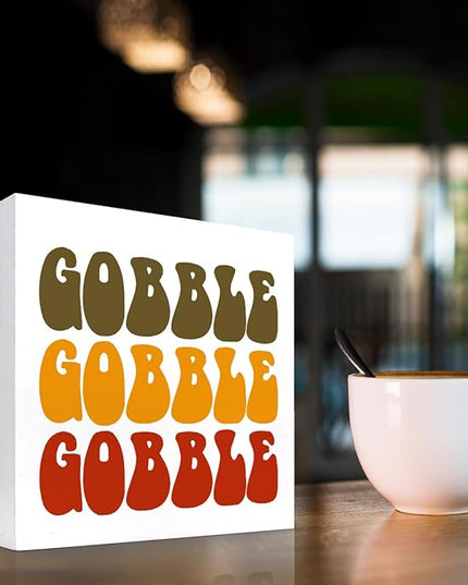 Autumn Desk Decor,Groovy Gobble Gobble Fall Thanksgiving Wood Block Sign Desk Decor,Rustic Autumn Seasonal Wooden Box Plaque Sign Desk Decor for Home Shelf Table Decorations - LeafyLoom