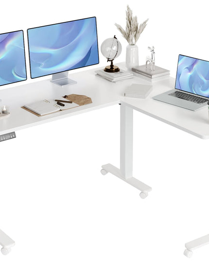 Claiks L Shaped Standing Desk Adjustable Height, Dual Motor Electric Corner Standing Desk, 63x55 inch Sit Stand up Desk with Splice Board, White LeafyLoom