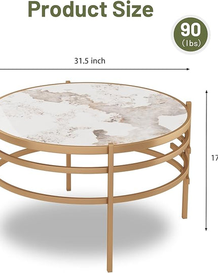 Round Coffee Table Coffee Tables for Living Room Sintered Stone Marble Top Sturdy Metal Frame (Golden, 31.50 inches) - LeafyLoom
