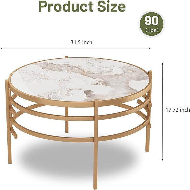 Round Coffee Table Coffee Tables for Living Room Sintered Stone Marble Top Sturdy Metal Frame (Golden, 31.50 inches) - LeafyLoom