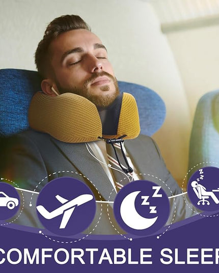 napfun Neck Pillow for Traveling, Upgraded Travel Neck Pillow for Airplane 100% Pure Memory Foam Travel Pillow for Flight Headrest Sleep, Portable Plane Accessories, Yellow, Medium (120-200LB) - LeafyLoom