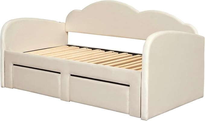 Twin Size Velvet Upholstered Daybed with Cloud-Shaped Backrest and Trundle,Wooden Storage Bed Frame W/Drawers & USB Ports,Convert to King-Size Bed,for Living Room Apartment Beige - LeafyLoom