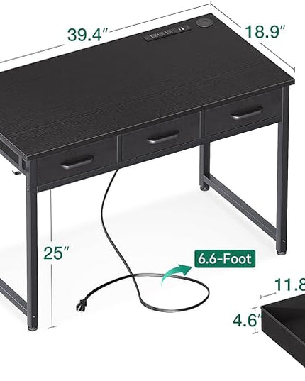 AODK 40 Inch Small Computer Desk with 3 Fabric Drawers, Office Desk with USB/Type-C Charging Ports & Power Outlets, Vanity Desk with Iron Hook for Bedroom, Study/Writing/Work Table for Bedroom, Black - LeafyLoom
