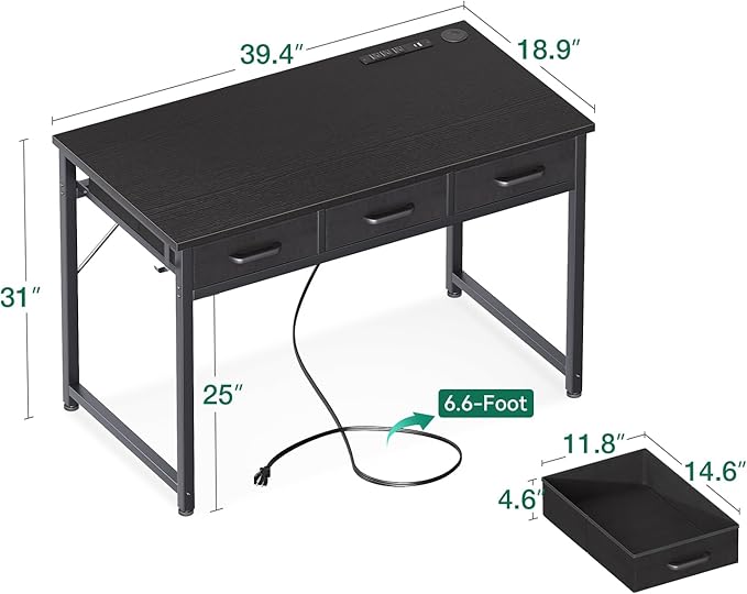 AODK 40 Inch Small Computer Desk with 3 Fabric Drawers, Office Desk with USB/Type-C Charging Ports & Power Outlets, Vanity Desk with Iron Hook for Bedroom, Study/Writing/Work Table for Bedroom, Black - LeafyLoom