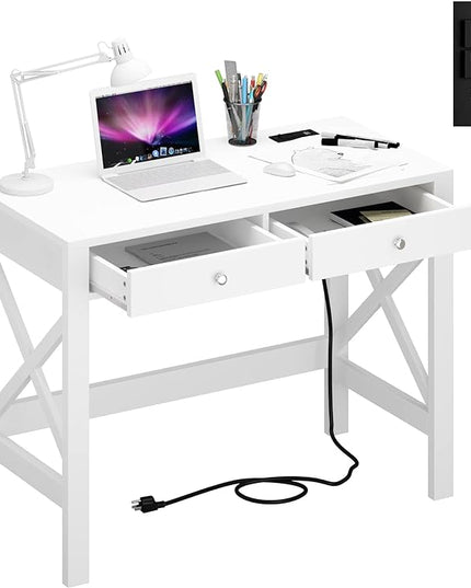 ChooChoo Computer Desk with USB Charging Ports and Power Outlets, 39" White Desk with Drawers, Small Study Writing Table with Stable X Frame for Home Office - LeafyLoom