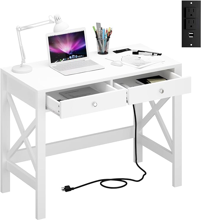 ChooChoo Computer Desk with USB Charging Ports and Power Outlets, 39" White Desk with Drawers, Small Study Writing Table with Stable X Frame for Home Office - LeafyLoom
