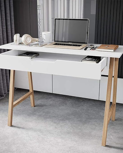 PARMA 42 Inch Modern Desk - Home & Office Small Computer Desk with Wide Drawer - Wooden Study Writing Minimalist Desk with Storage for Small Space, Bedroom & Workstations - Student Desk/Table (White) - LeafyLoom