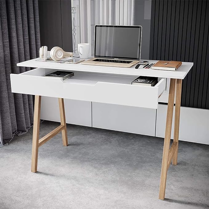 PARMA 42 Inch Modern Desk - Home & Office Small Computer Desk with Wide Drawer - Wooden Study Writing Minimalist Desk with Storage for Small Space, Bedroom & Workstations - Student Desk/Table (White) - LeafyLoom