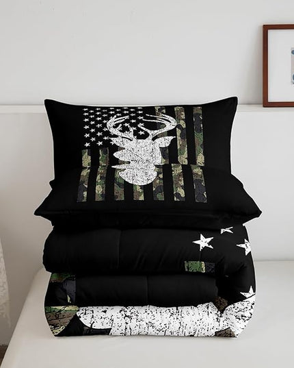 Camo Twin Bedding Set for Boys Army Green Camo American Flag Comforter Set,Teen Camouflage Deer Hunting Bedding Comforter Sets Rustic Farmhouse Woodland Animal Bedding Quilt Black White 1 Pillowcase - LeafyLoom