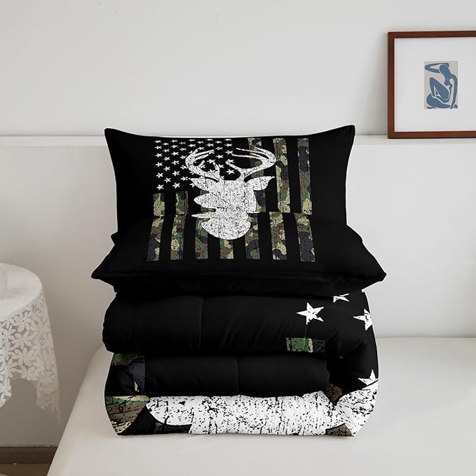 Camo Twin Bedding Set for Boys Army Green Camo American Flag Comforter Set,Teen Camouflage Deer Hunting Bedding Comforter Sets Rustic Farmhouse Woodland Animal Bedding Quilt Black White 1 Pillowcase - LeafyLoom