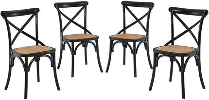 Modway Gear Rustic Modern Farmhouse Elm Wood Rattan Four Dining Chairs in Black - LeafyLoom